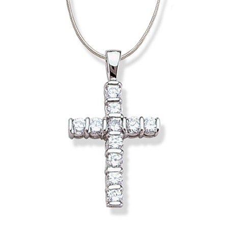 Semi-bezel Cubic Zirconia Sterling Silver Cross - Click Image to Close
